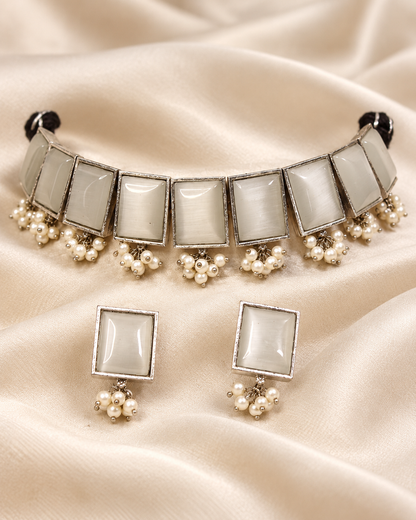 Rectangular Stone Pearl-Style Fringe Choker Set - White — AI-styled earring detail view