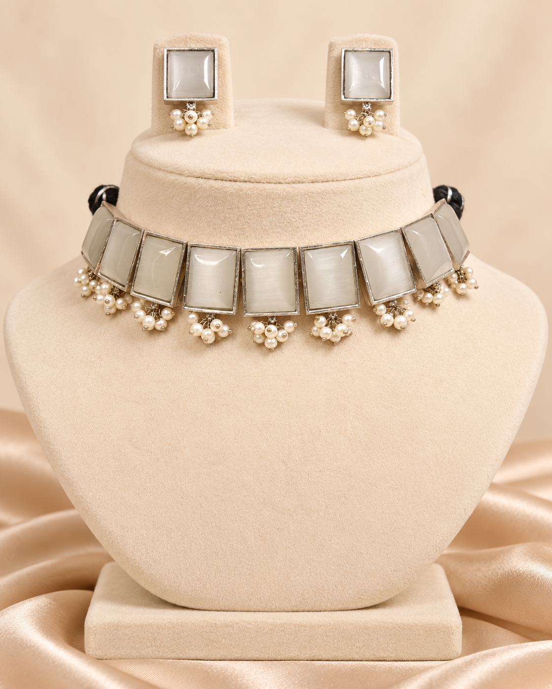 Rectangular Stone Pearl-Style Fringe Choker Set - White — AI-styled mannequin view