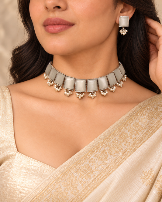 Rectangular Stone Pearl-Style Fringe Choker Set - White — AI-styled model view