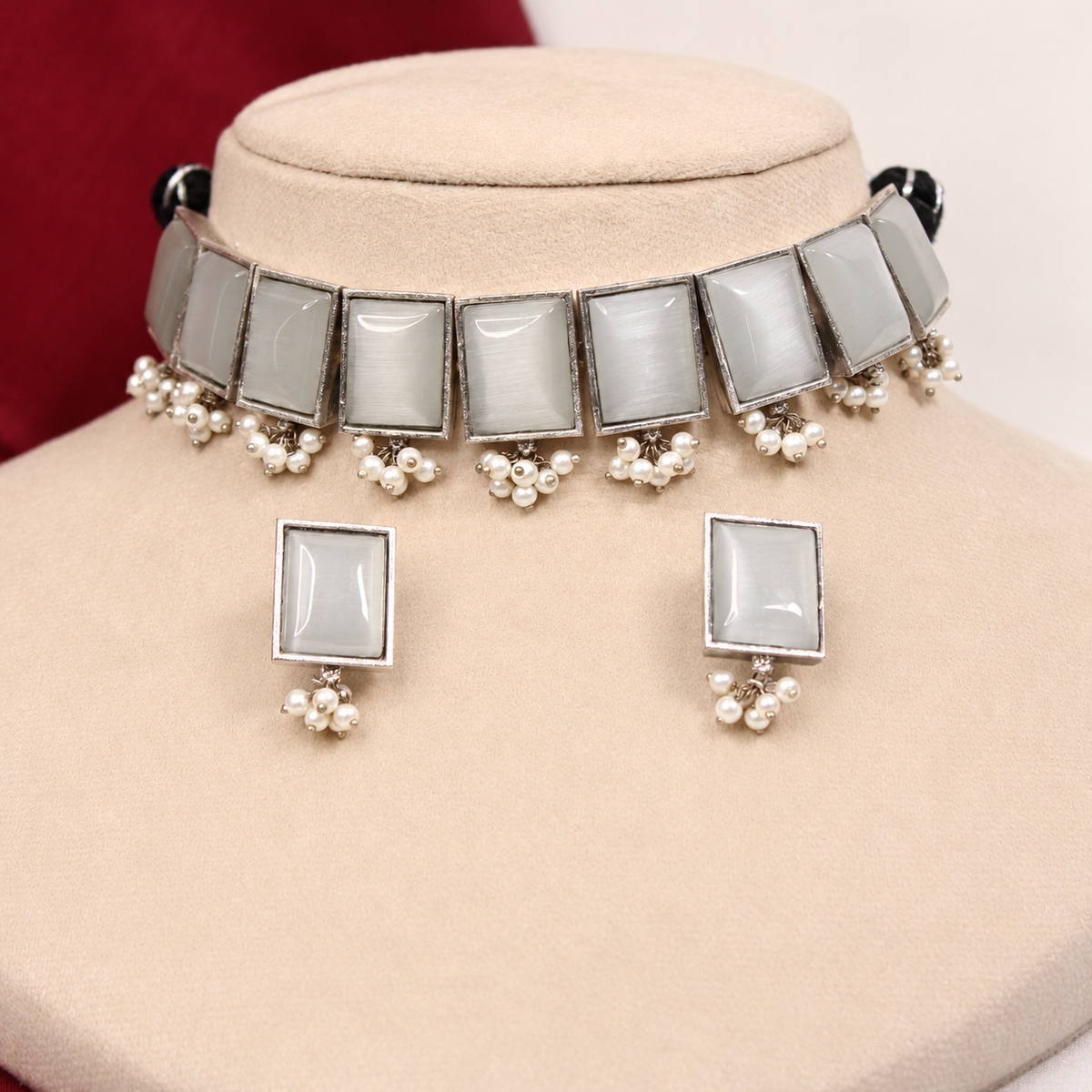 Rectangular Stone Pearl-Style Fringe Choker Set - White — retouched original photograph IMG_8270