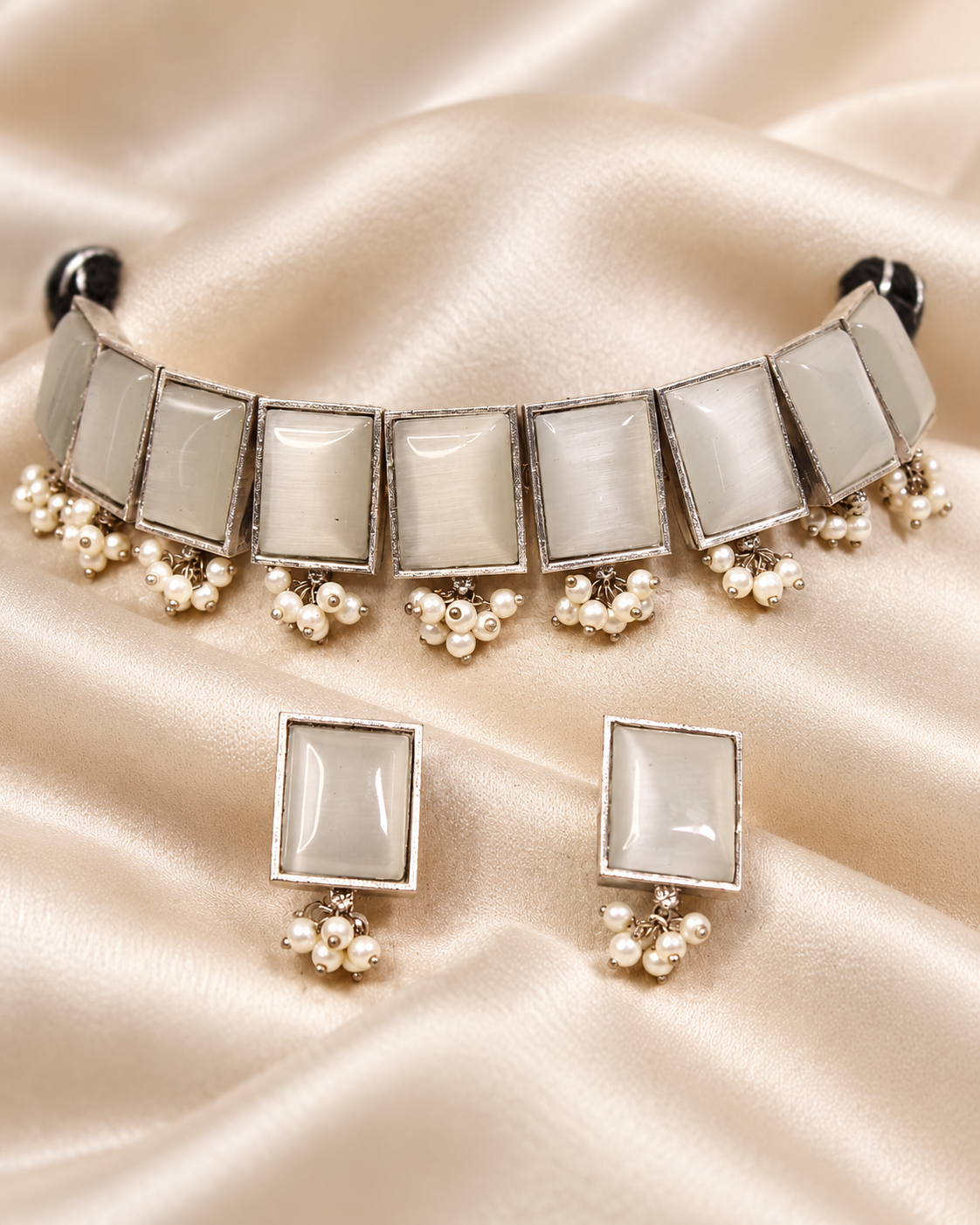Rectangular Stone Pearl-Style Fringe Choker Set - White — AI-styled ornament detail view