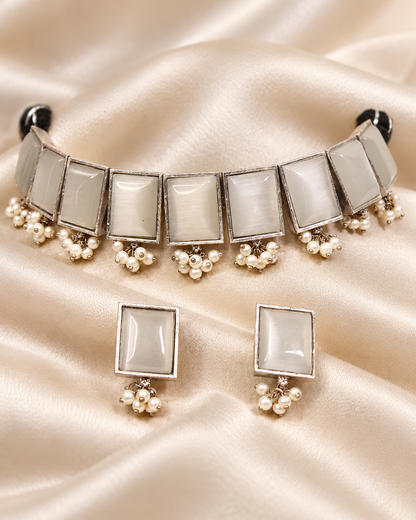 Rectangular Stone Pearl-Style Fringe Choker Set - White — AI-styled ornament detail view