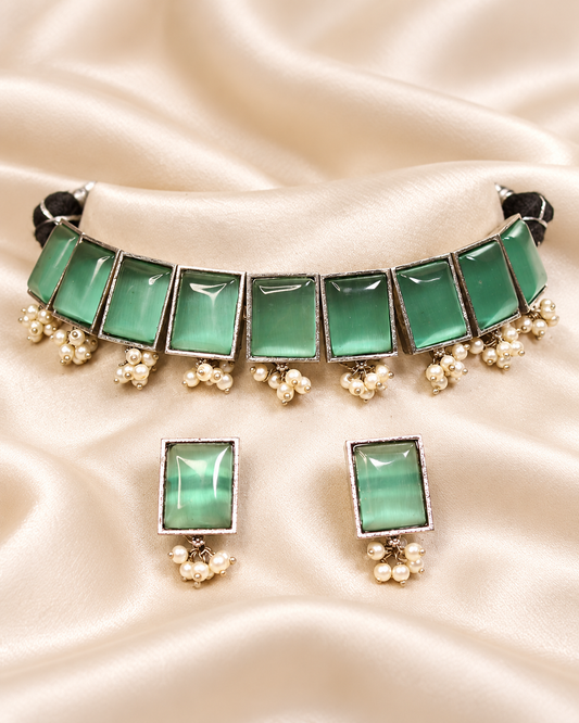 Rectangular Stone Pearl-Style Fringe Choker Set - Green — AI-styled closeup view