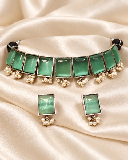 Rectangular Stone Pearl-Style Fringe Choker Set - Green — AI-styled earring detail view