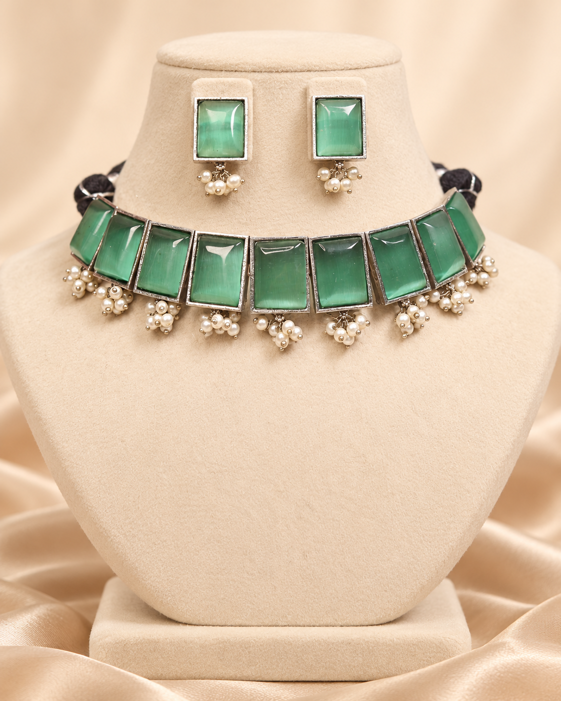 Rectangular Stone Pearl-Style Fringe Choker Set - Green — AI-styled mannequin view