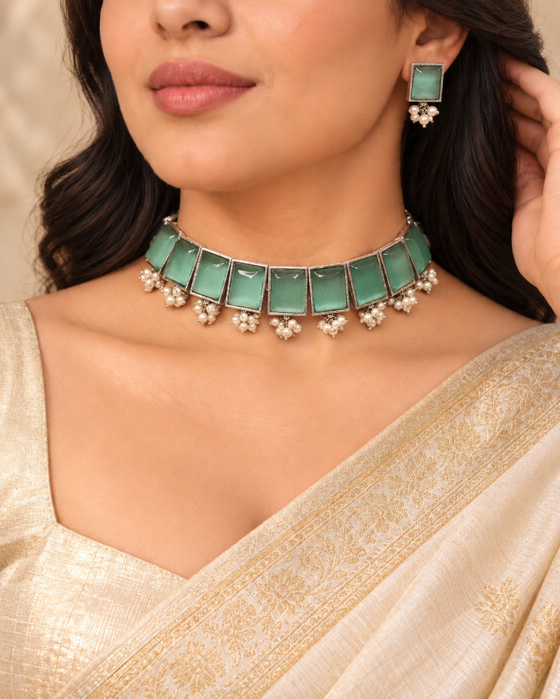 Rectangular Stone Pearl-Style Fringe Choker Set - Green — AI-styled model view