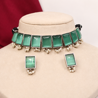 Rectangular Stone Pearl-Style Fringe Choker Set - Green — retouched original photograph IMG_8272