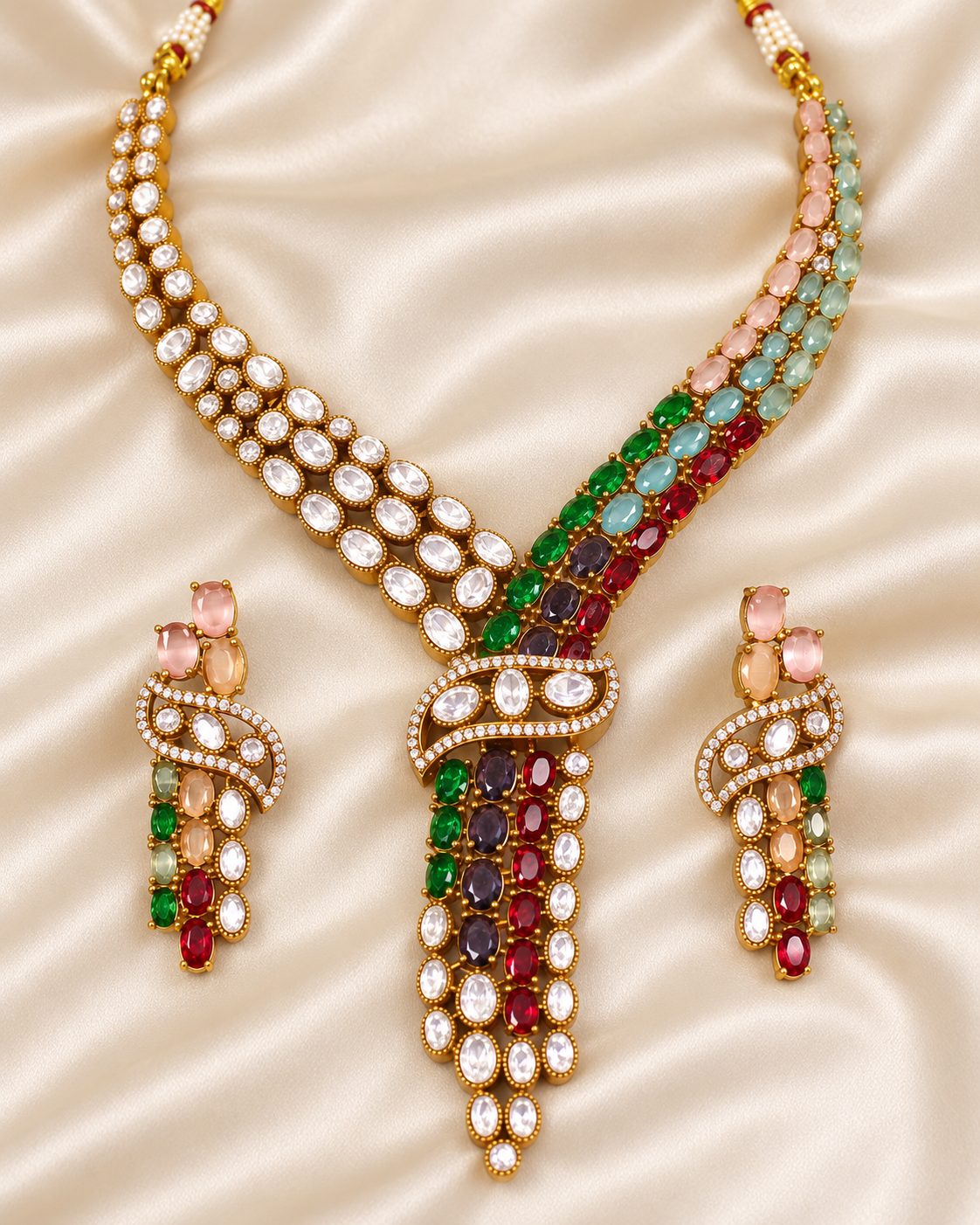 Y Shaped Clear Stone Necklace Set - Multicolour — AI-styled closeup view