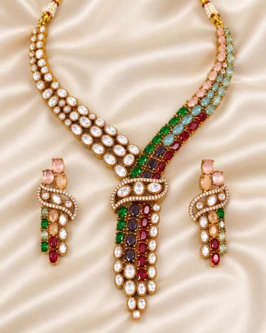 Y Shaped Clear Stone Necklace Set - Multicolour — AI-styled closeup view