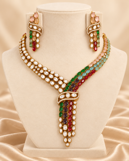 Y Shaped Clear Stone Necklace Set - Multicolour — AI-styled mannequin view