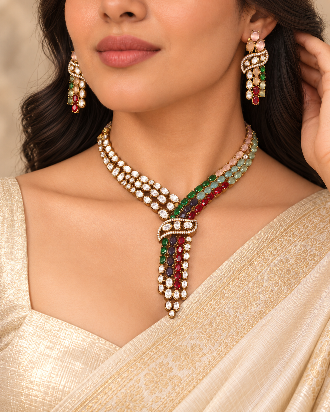 Y Shaped Clear Stone Necklace Set - Multicolour — AI-styled model view