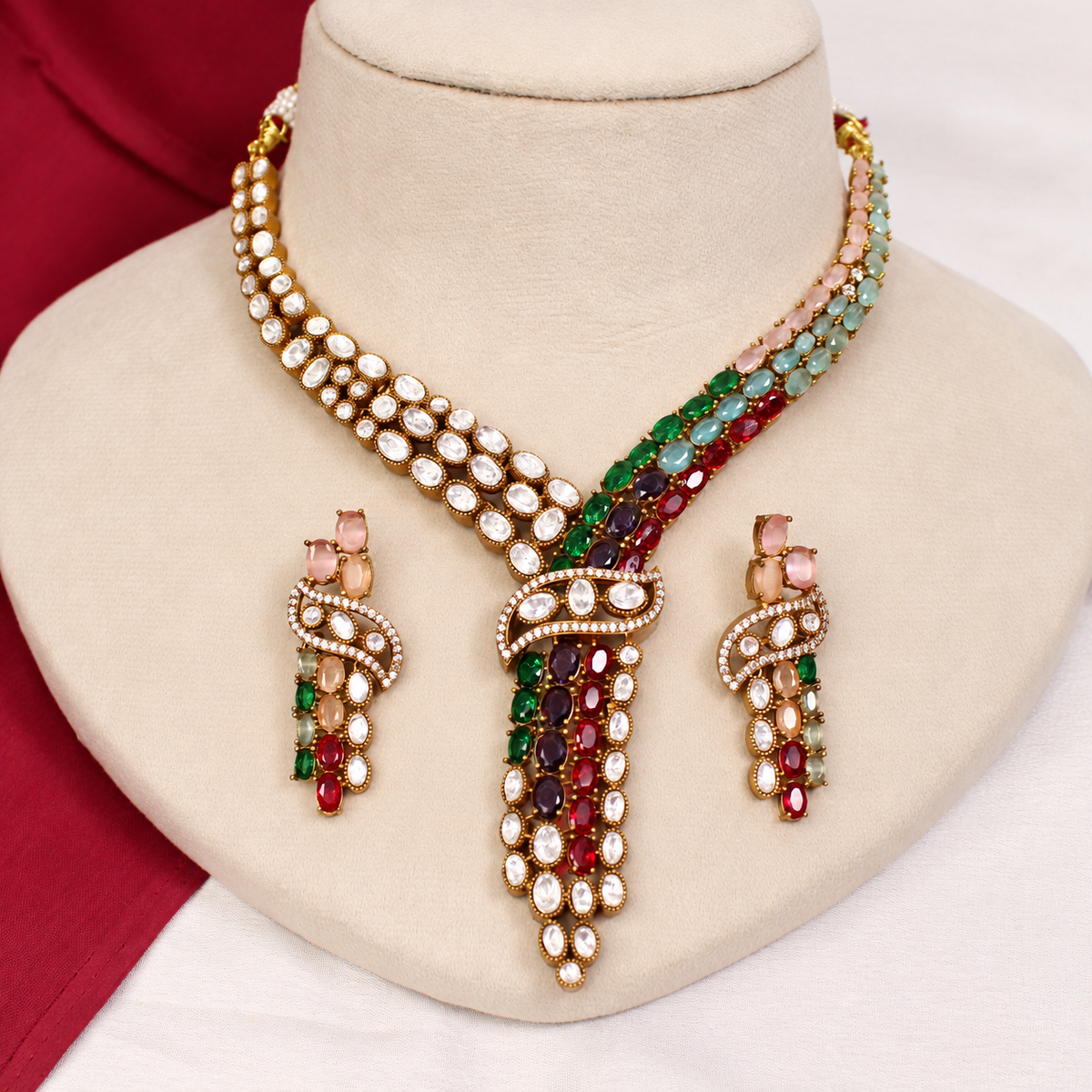 Y Shaped Clear Stone Necklace Set - Multicolour — retouched original photograph IMG_8274