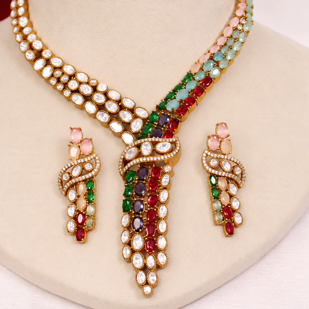 Y Shaped Clear Stone Necklace Set - Multicolour — retouched original photograph IMG_8277