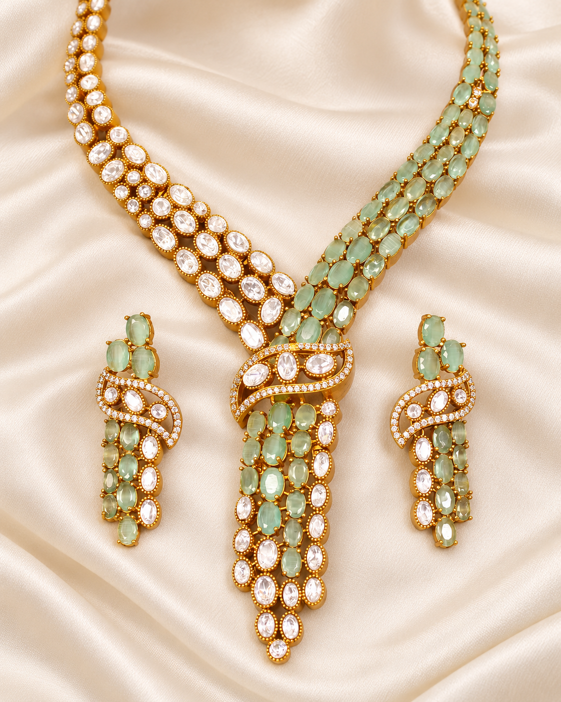 Y Shaped Clear Stone Necklace Set - Mint — AI-styled closeup view