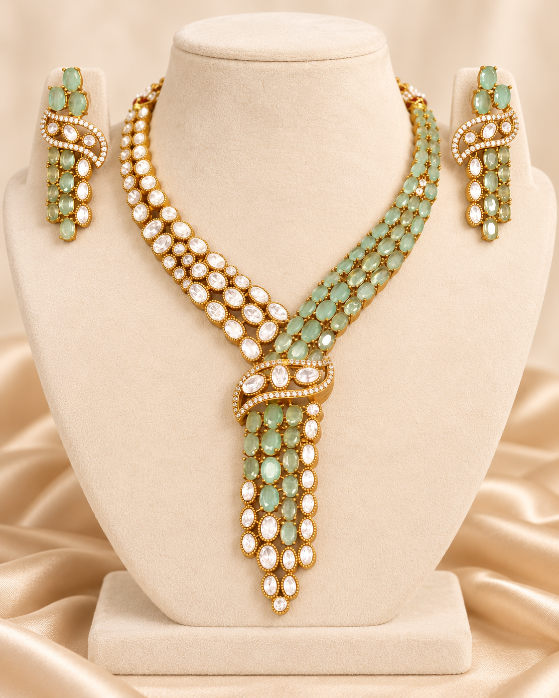 Y Shaped Clear Stone Necklace Set - Mint — AI-styled mannequin view