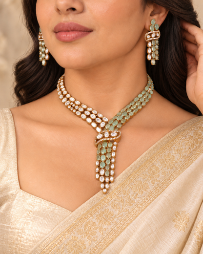 Y Shaped Clear Stone Necklace Set - Mint — AI-styled model view