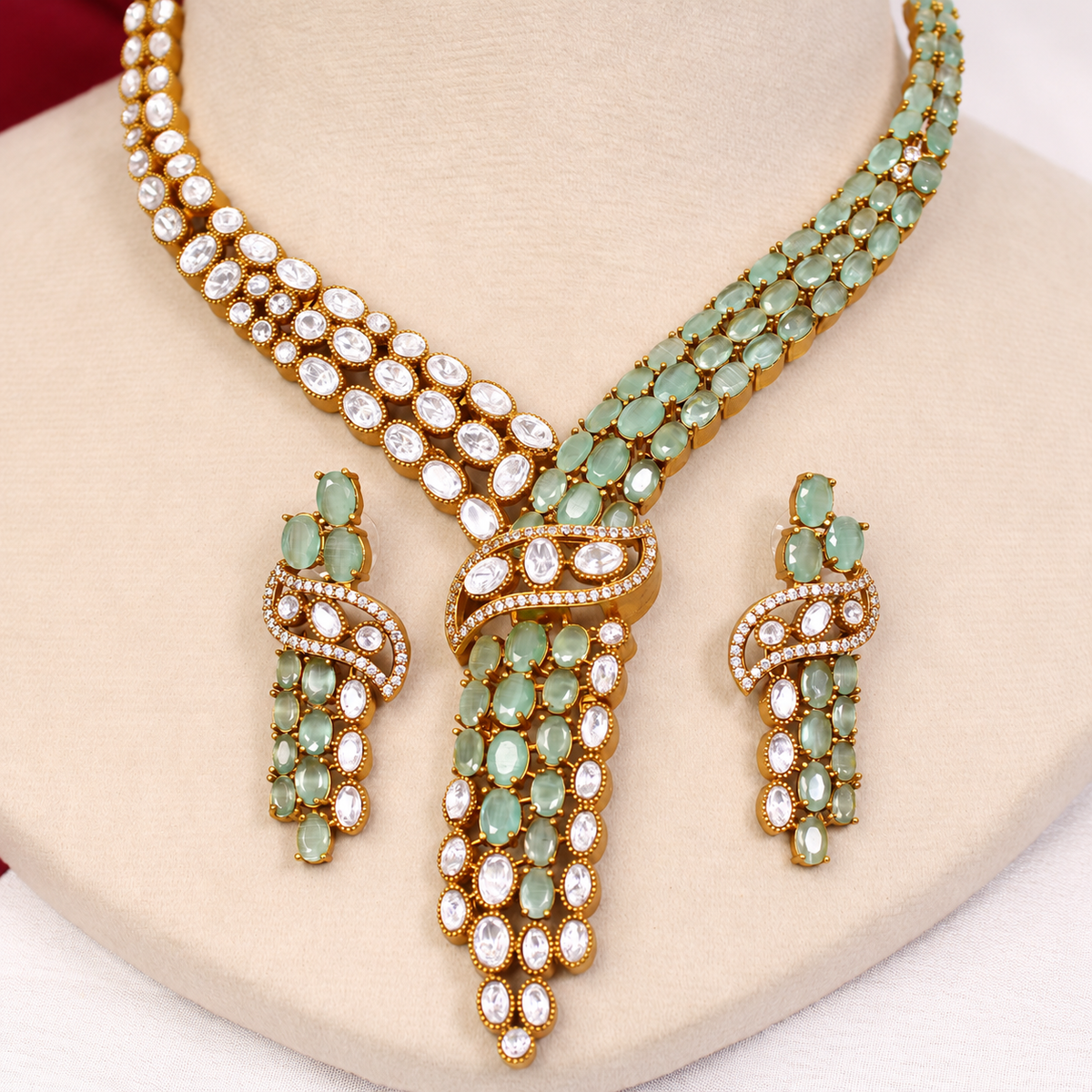 Y Shaped Clear Stone Necklace Set - Mint — retouched original photograph IMG_8281