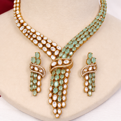Y Shaped Clear Stone Necklace Set - Mint — retouched original photograph IMG_8281