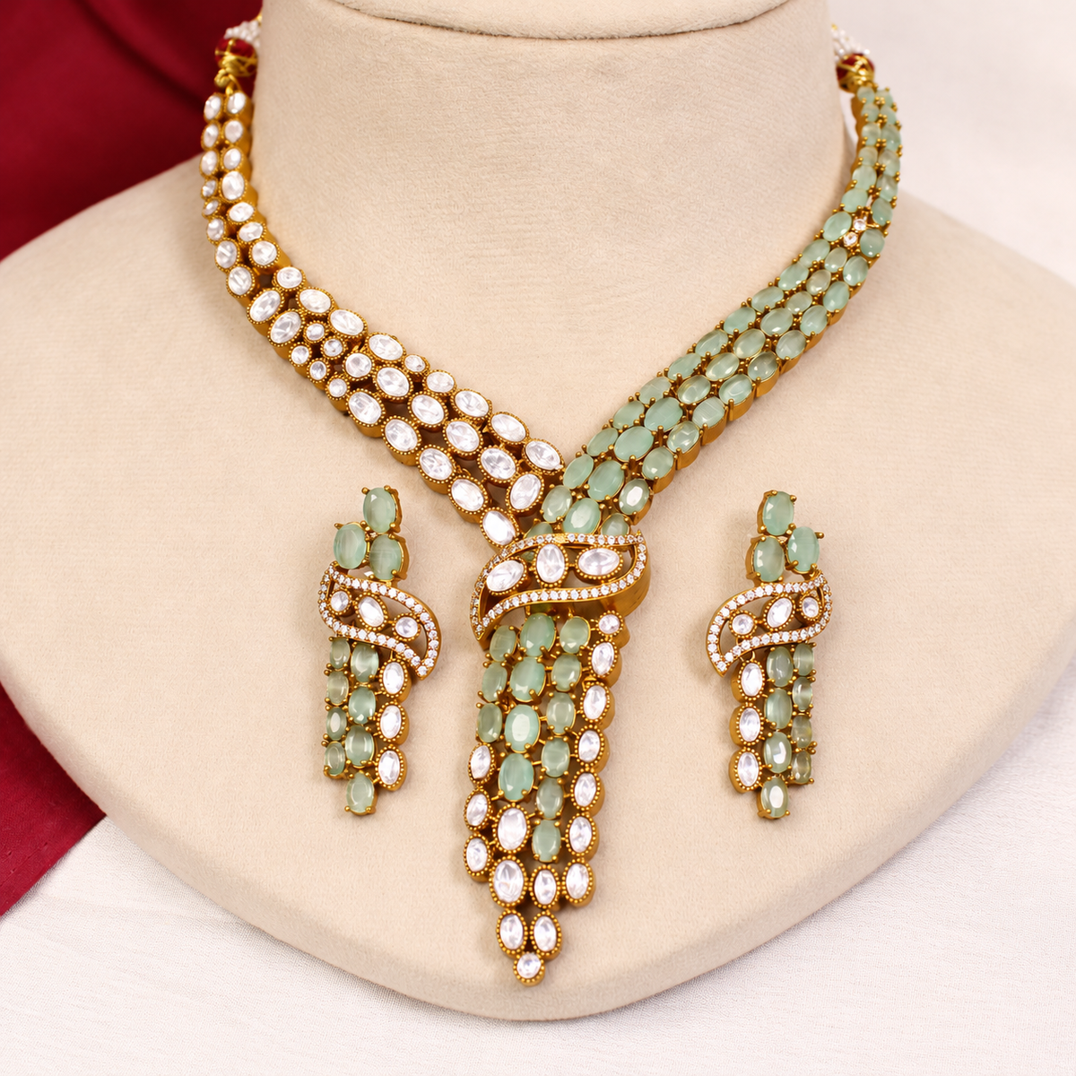 Y Shaped Clear Stone Necklace Set - Mint — retouched original photograph IMG_8282