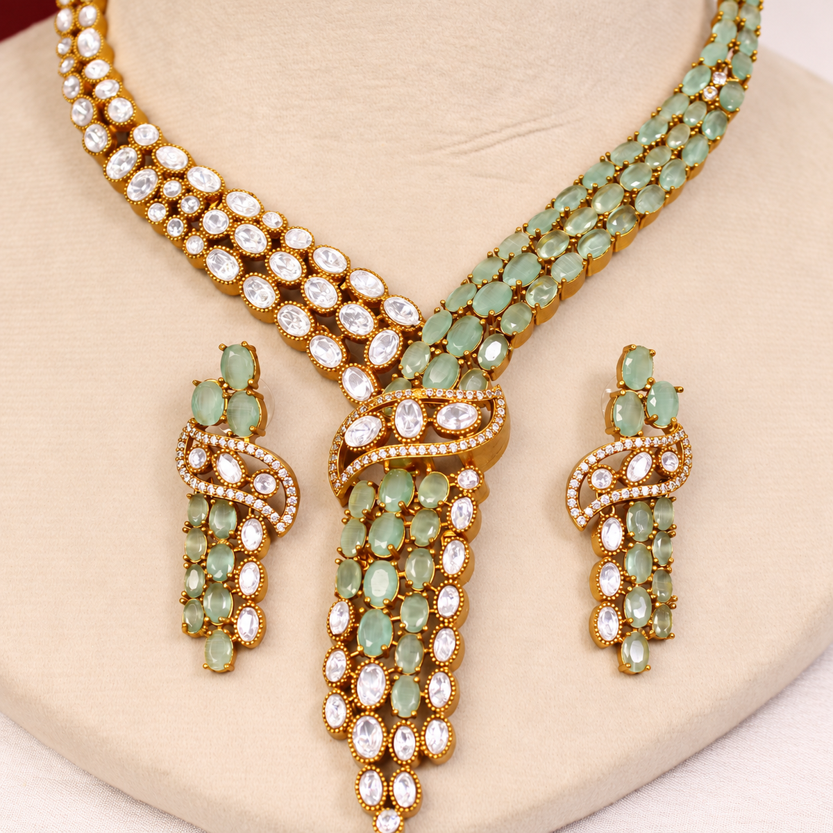 Y Shaped Clear Stone Necklace Set - Mint — retouched original photograph IMG_8283