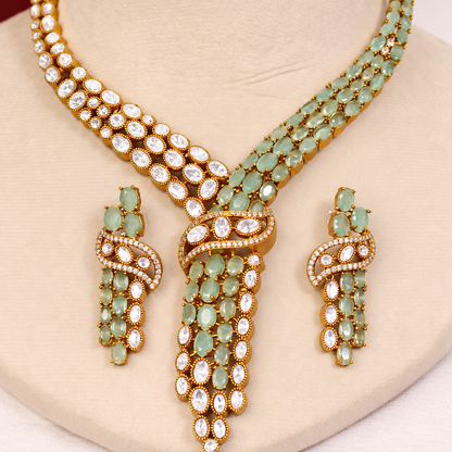 Y Shaped Clear Stone Necklace Set - Mint — retouched original photograph IMG_8283