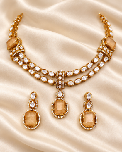 Double Row Clear Stone Drop Necklace Set - Champagne — AI-styled closeup view