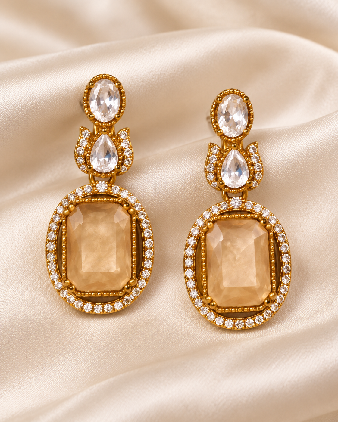 Double Row Clear Stone Drop Necklace Set - Champagne — AI-styled earring detail view