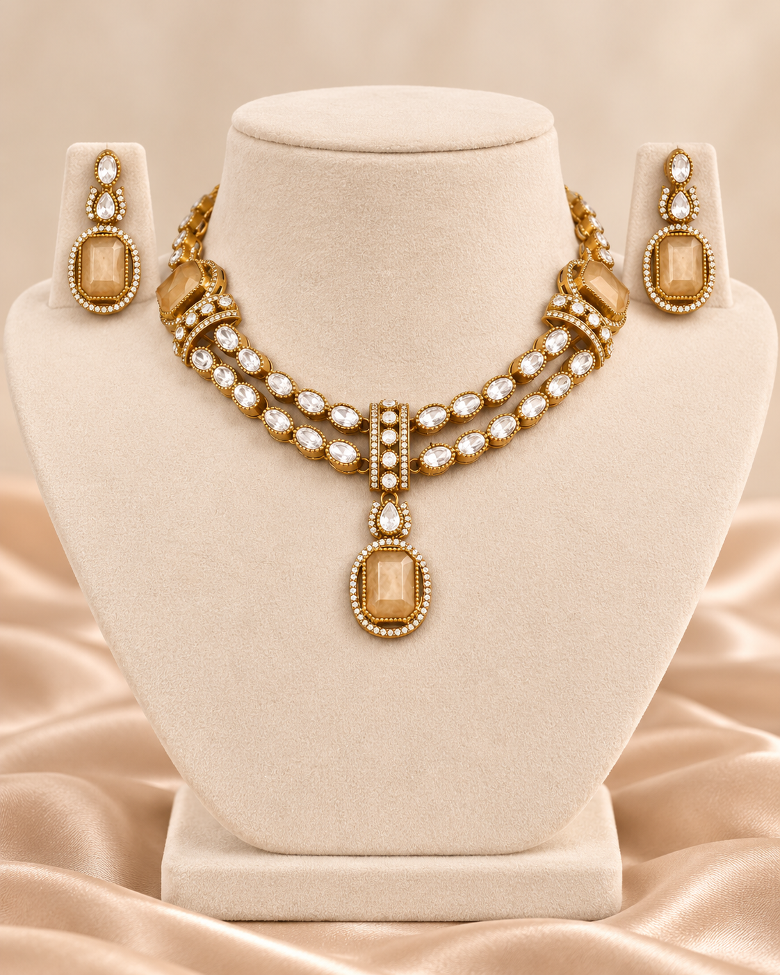 Double Row Clear Stone Drop Necklace Set - Champagne — AI-styled mannequin view