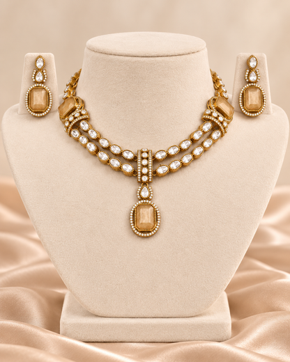 Double Row Clear Stone Drop Necklace Set - Champagne — AI-styled mannequin view