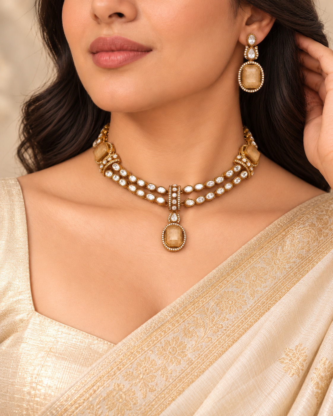 Double Row Clear Stone Drop Necklace Set - Champagne — AI-styled model view