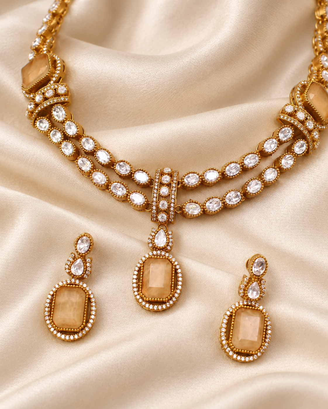 Double Row Clear Stone Drop Necklace Set - Champagne — AI-styled ornament detail view