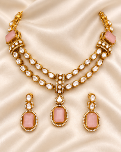 Double Row Clear Stone Drop Necklace Set - Pink — AI-styled closeup view