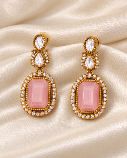 Double Row Clear Stone Drop Necklace Set - Pink — AI-styled earring detail view