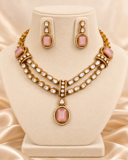 Double Row Clear Stone Drop Necklace Set - Pink — AI-styled mannequin view