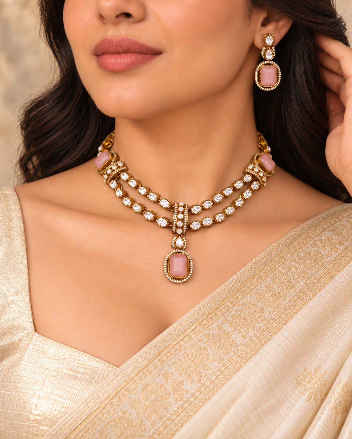 Double Row Clear Stone Drop Necklace Set - Pink — AI-styled model view