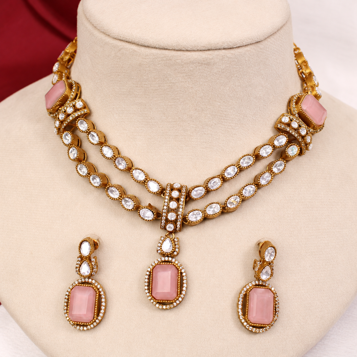 Double Row Clear Stone Drop Necklace Set - Pink — retouched original photograph IMG_8292