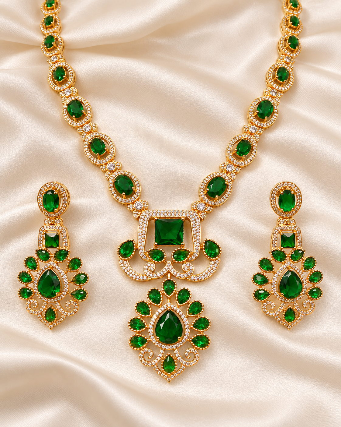 Floral Green Stone Statement Necklace Set - Green — AI-styled closeup view