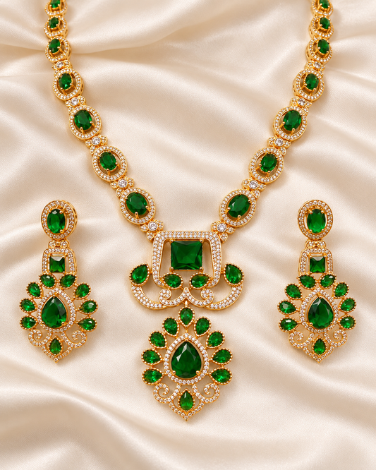 Floral Green Stone Statement Necklace Set - Green — AI-styled closeup view
