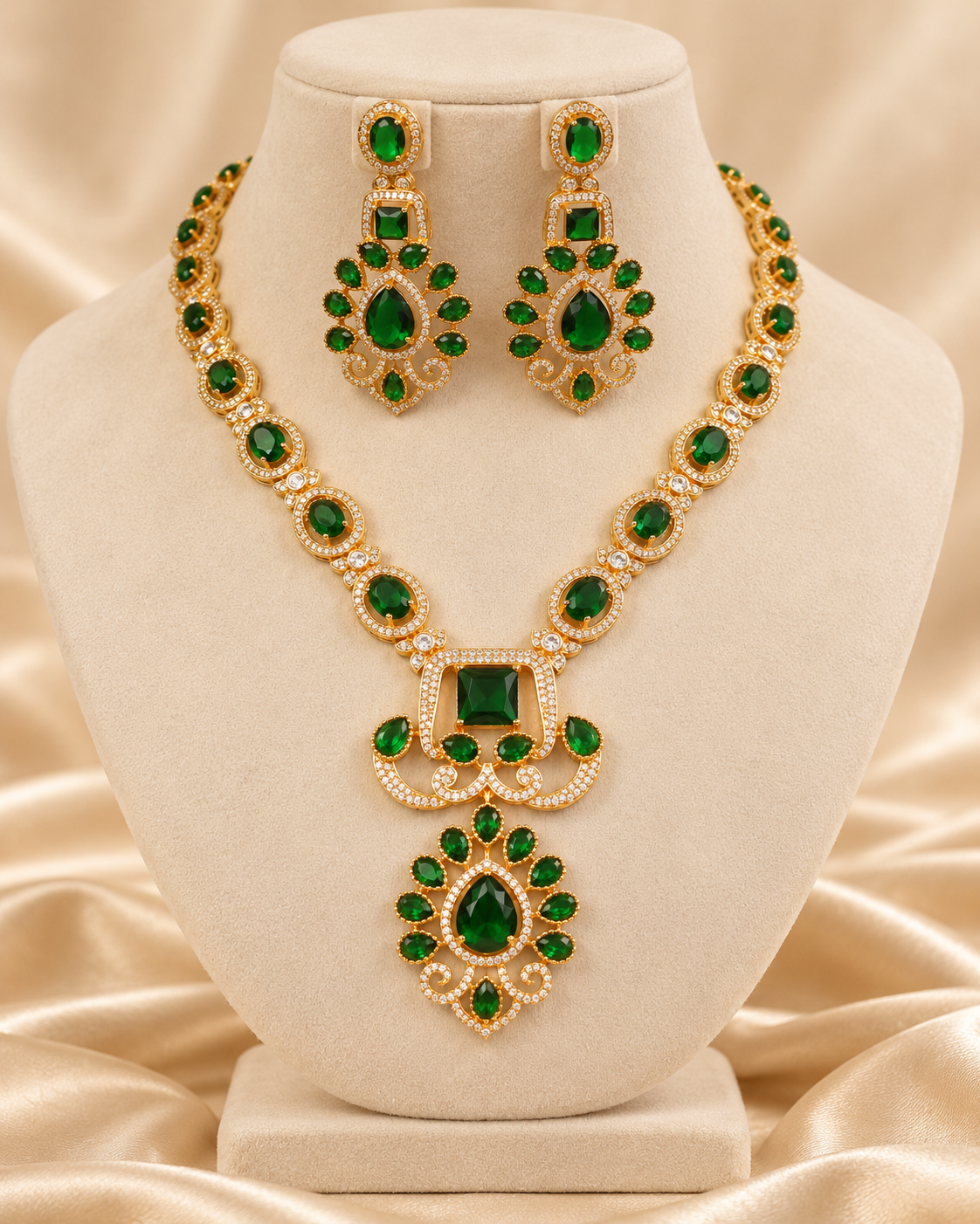 Floral Green Stone Statement Necklace Set - Green — AI-styled mannequin view