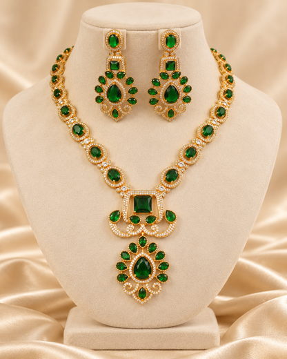 Floral Green Stone Statement Necklace Set - Green — AI-styled mannequin view