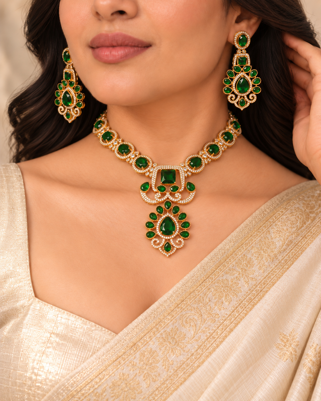 Floral Green Stone Statement Necklace Set - Green — AI-styled model view