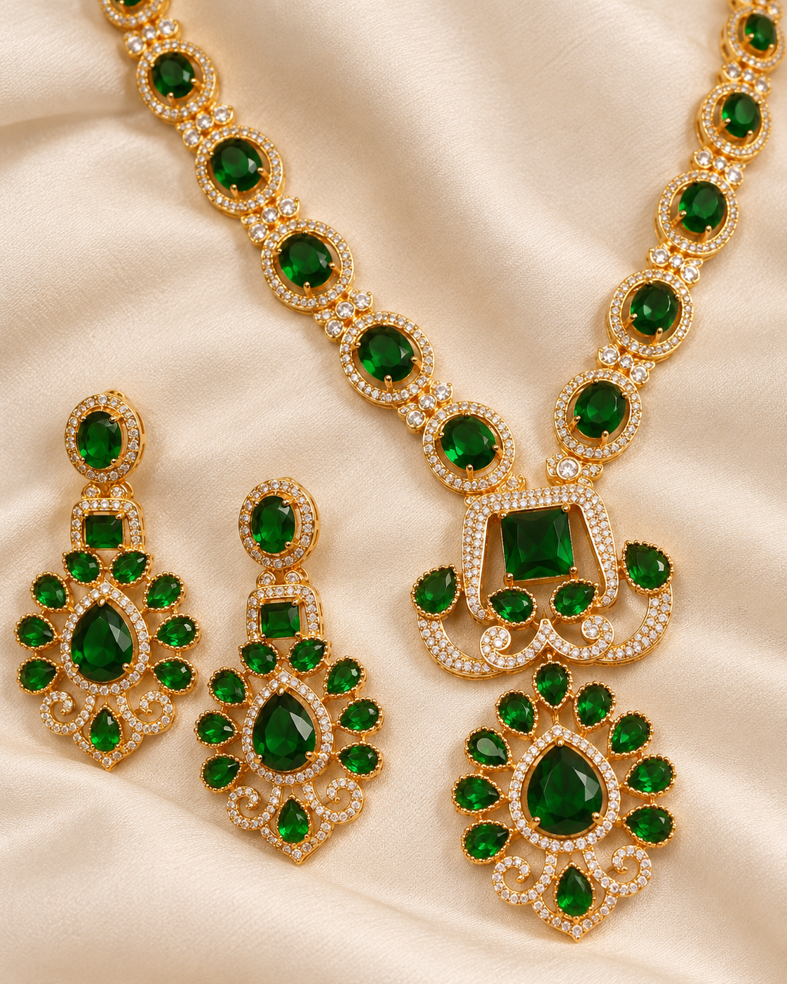Floral Green Stone Statement Necklace Set - Green — AI-styled ornament detail view