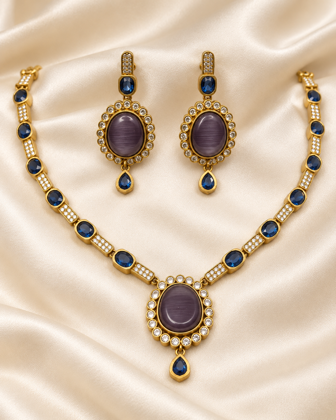 Oval Stone Drop Necklace Set - Blue — AI-styled closeup view