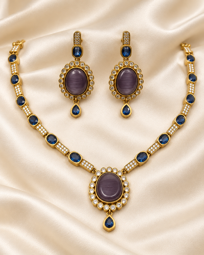 Oval Stone Drop Necklace Set - Blue — AI-styled closeup view