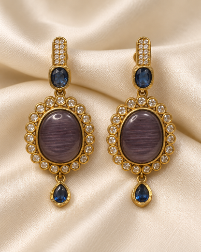 Oval Stone Drop Necklace Set - Blue — AI-styled earring detail view