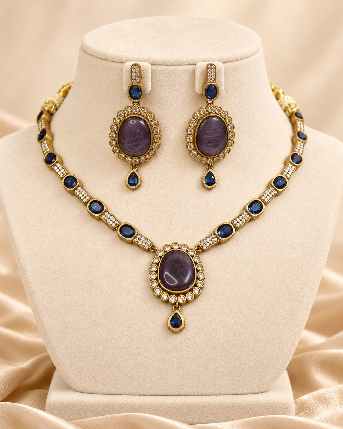 Oval Stone Drop Necklace Set - Blue — AI-styled mannequin view