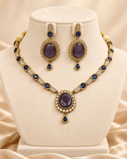 Oval Stone Drop Necklace Set - Blue — AI-styled mannequin view