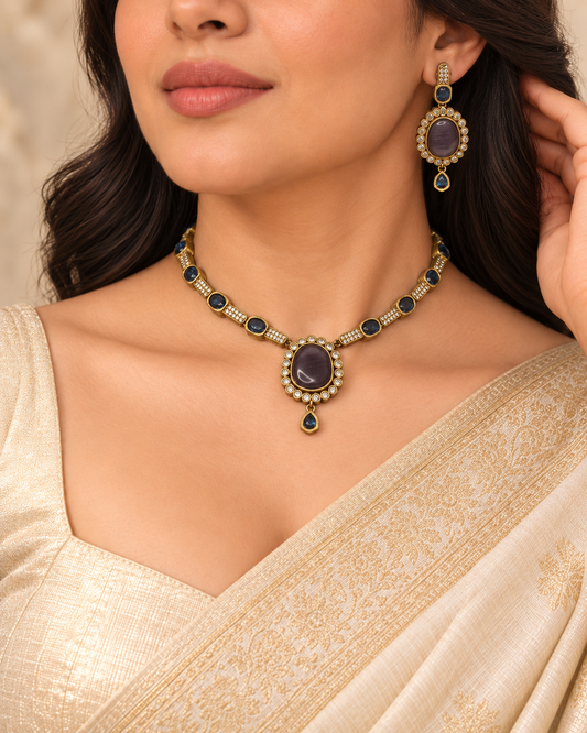 Oval Stone Drop Necklace Set - Blue — AI-styled model view