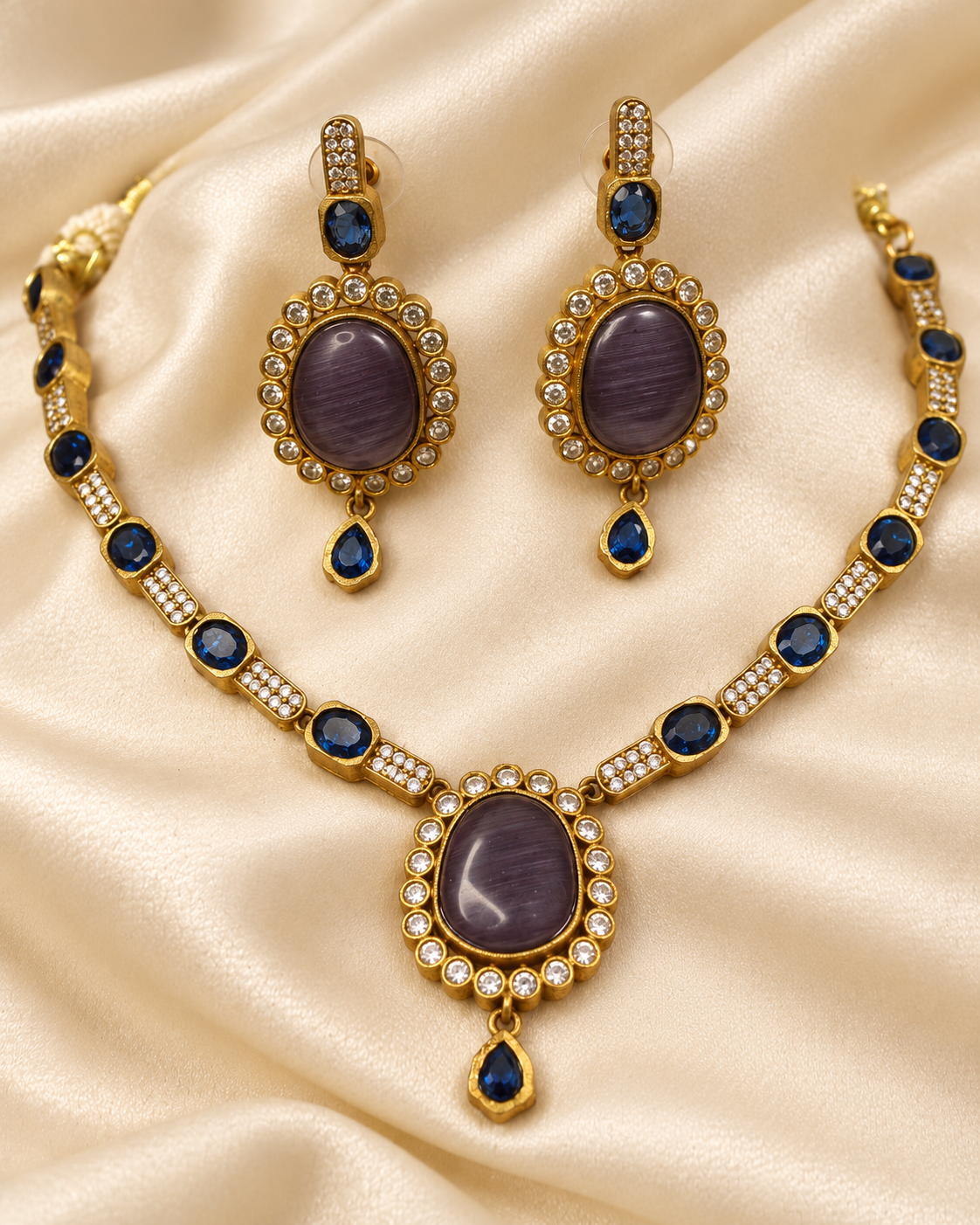 Oval Stone Drop Necklace Set - Blue — AI-styled ornament detail view
