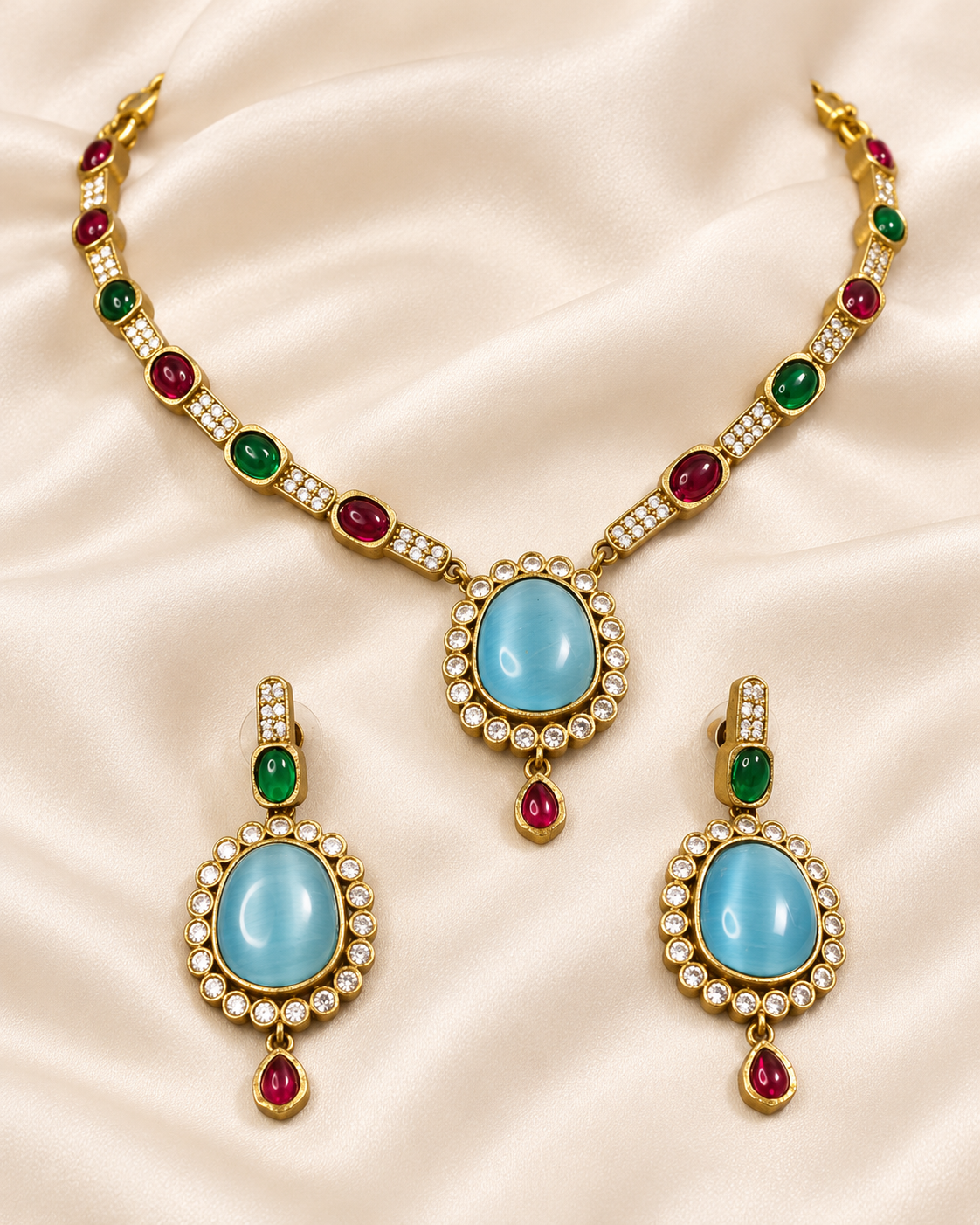Oval Stone Drop Necklace Set - Aqua — AI-styled closeup view